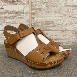 Italina Tan Cut-Out Wedge Sandals
